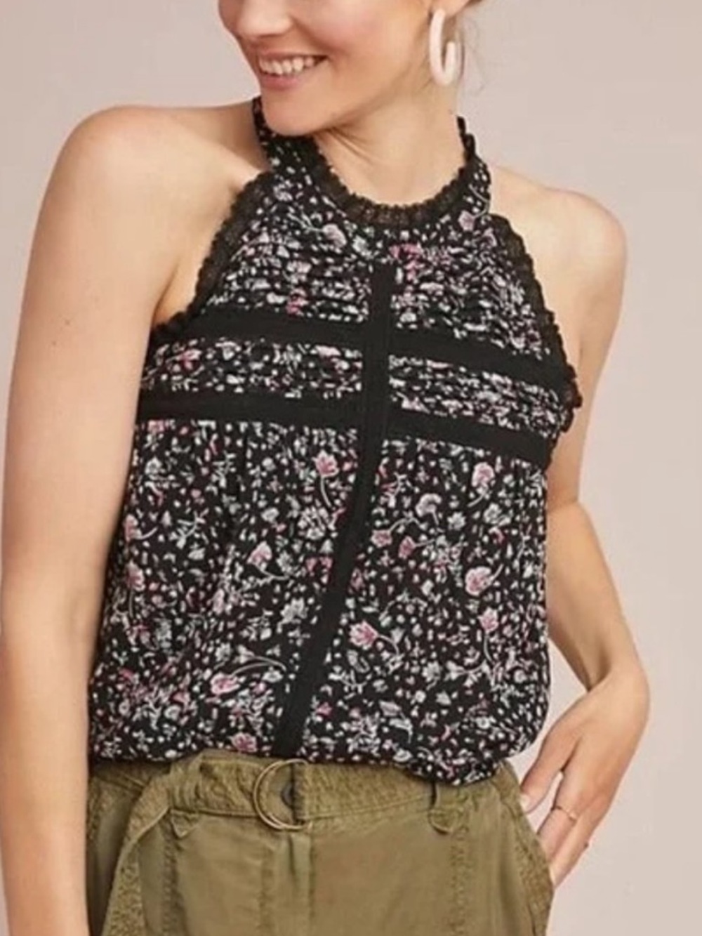 Anthropologie Maeve Black Floral Halter Blouse Pink Accents Size XS EUC